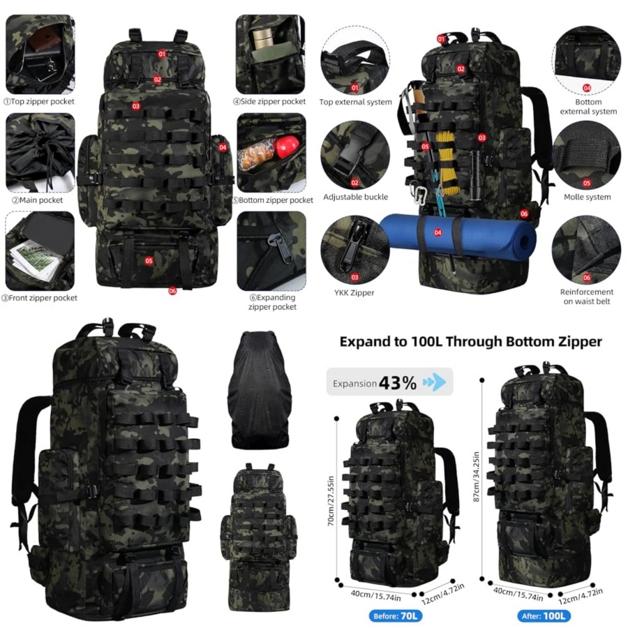 70L/100L Camping Hiking Backpa - Rain Cover Backpack review and price